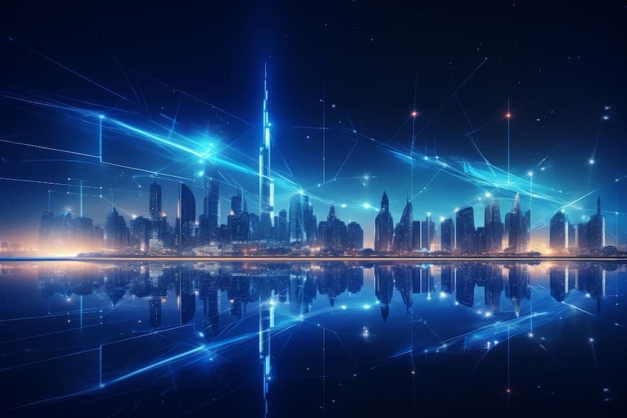 Futuristic cityscape at night, featuring illuminated skyscrapers and a glowing blue network of lines above, mirroring on a calm water surface.