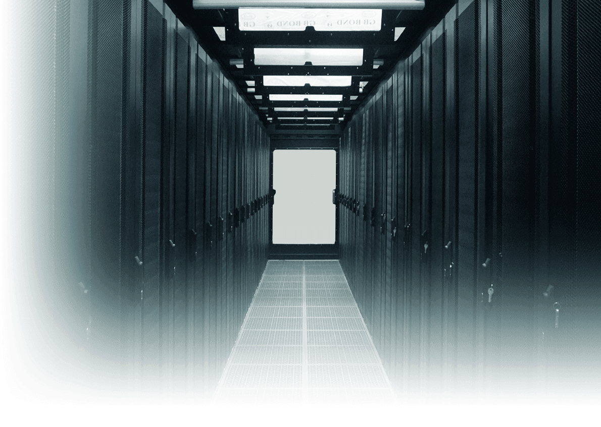 Wide center view of a data center corridor.