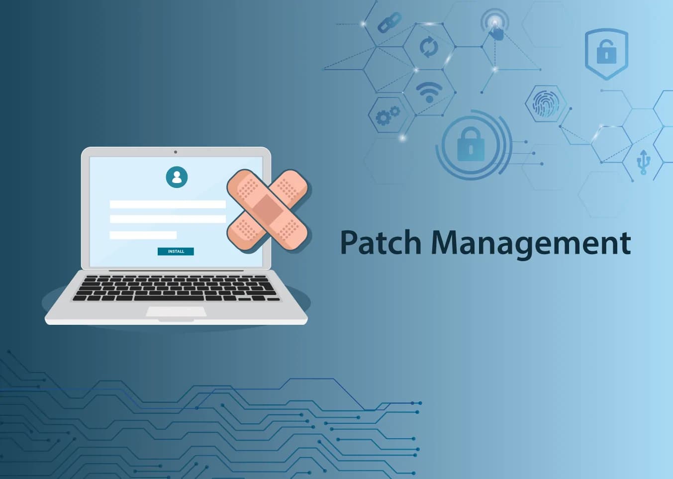 Gear icons representing patch management updates.