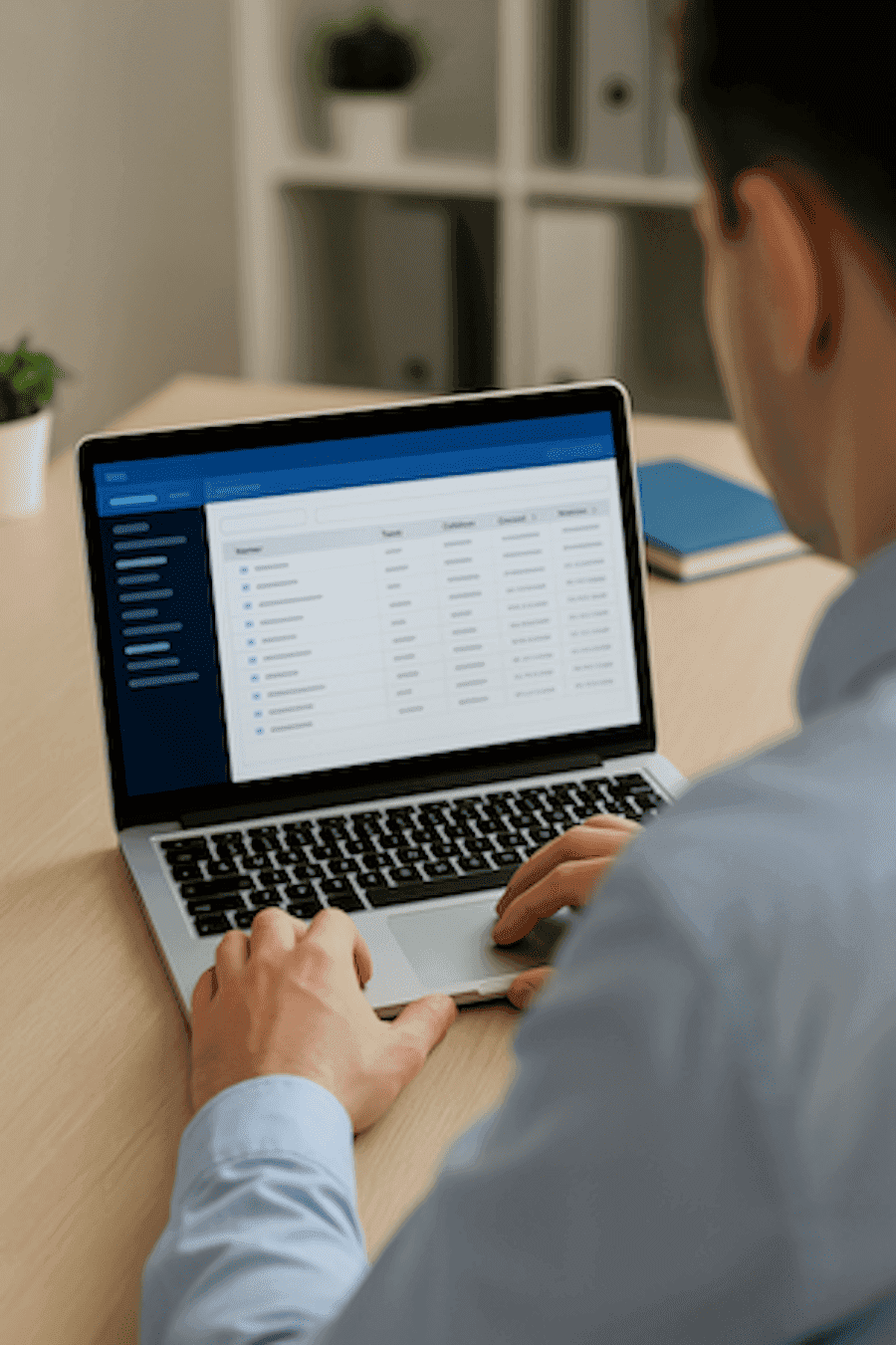 A person in a blue shirt uses a laptop displaying a data table, in an office setting. The scene conveys productivity and focus.