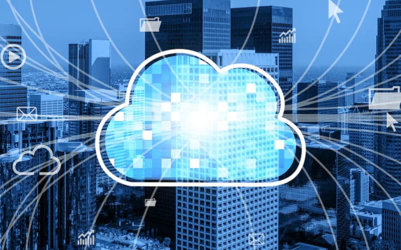 A cloud illustration with city image as background