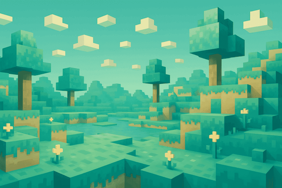 A pixel art landscape depicts a serene, blocky world with cubic trees, grassy hills, floating clouds, and a small pond, evoking a tranquil, digital paradise.