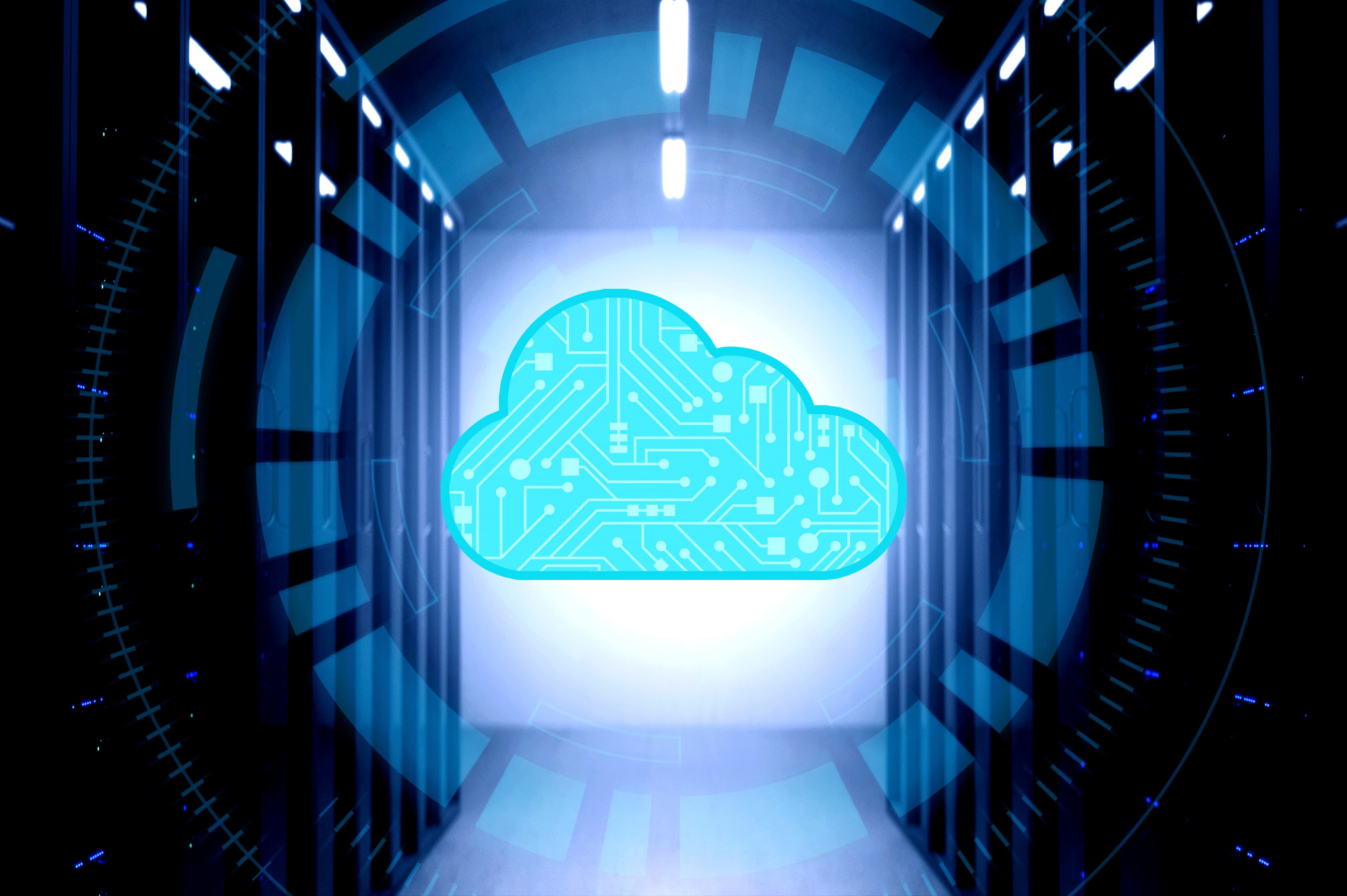 Blue cloud Icon in the middle of data center.