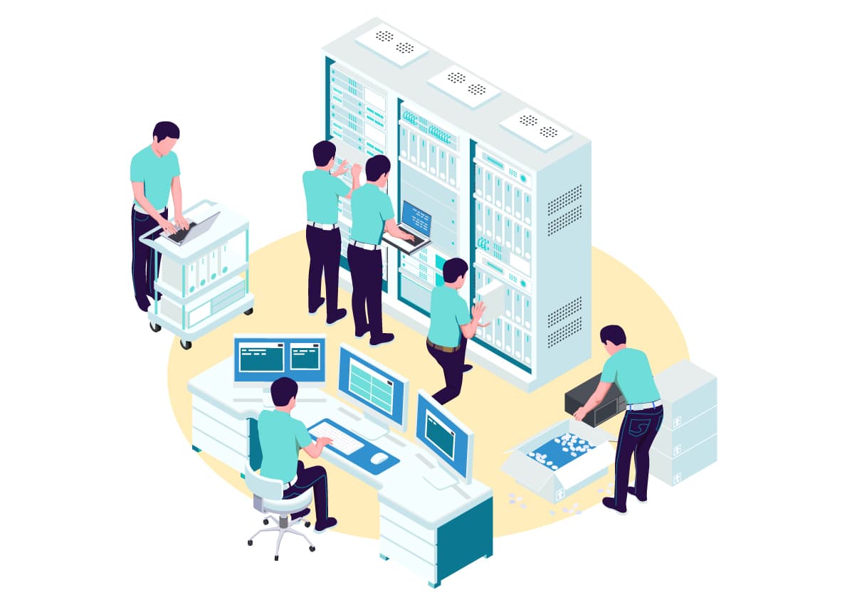 Vector image of 6 IT empolyees working in a data center.