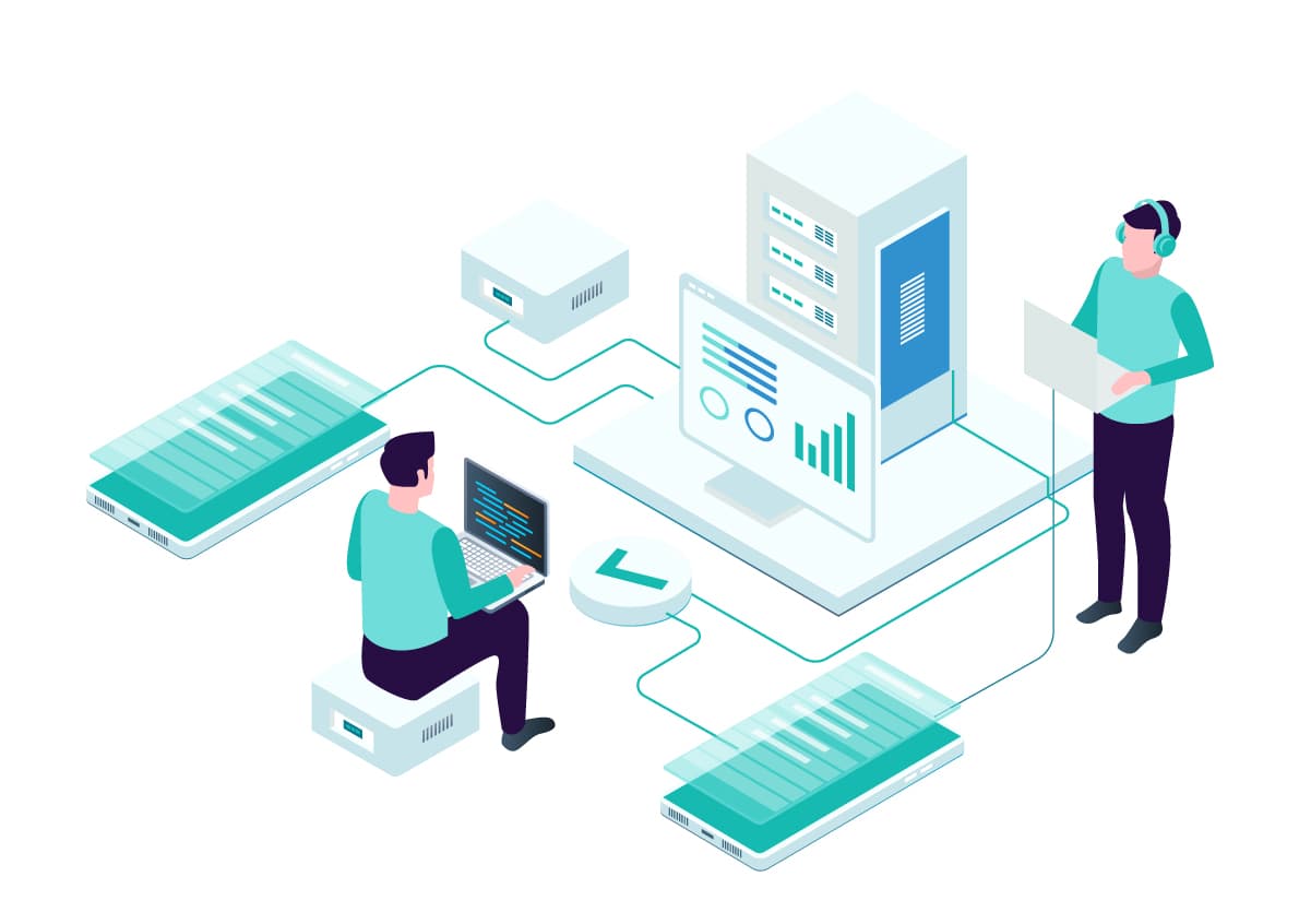 Vector image of 2 employees working on system integration.