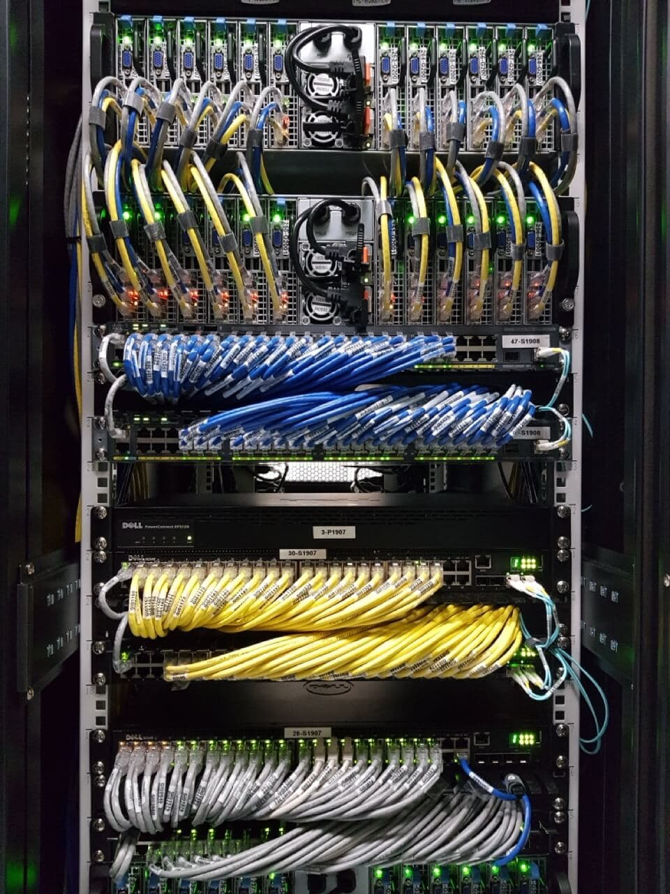 Organized network cables in a web hosting server rack