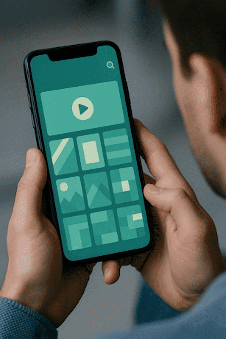 A person holds a smartphone displaying a teal app with a play button and nine rectangular icons, conveying a modern, organized digital interface.