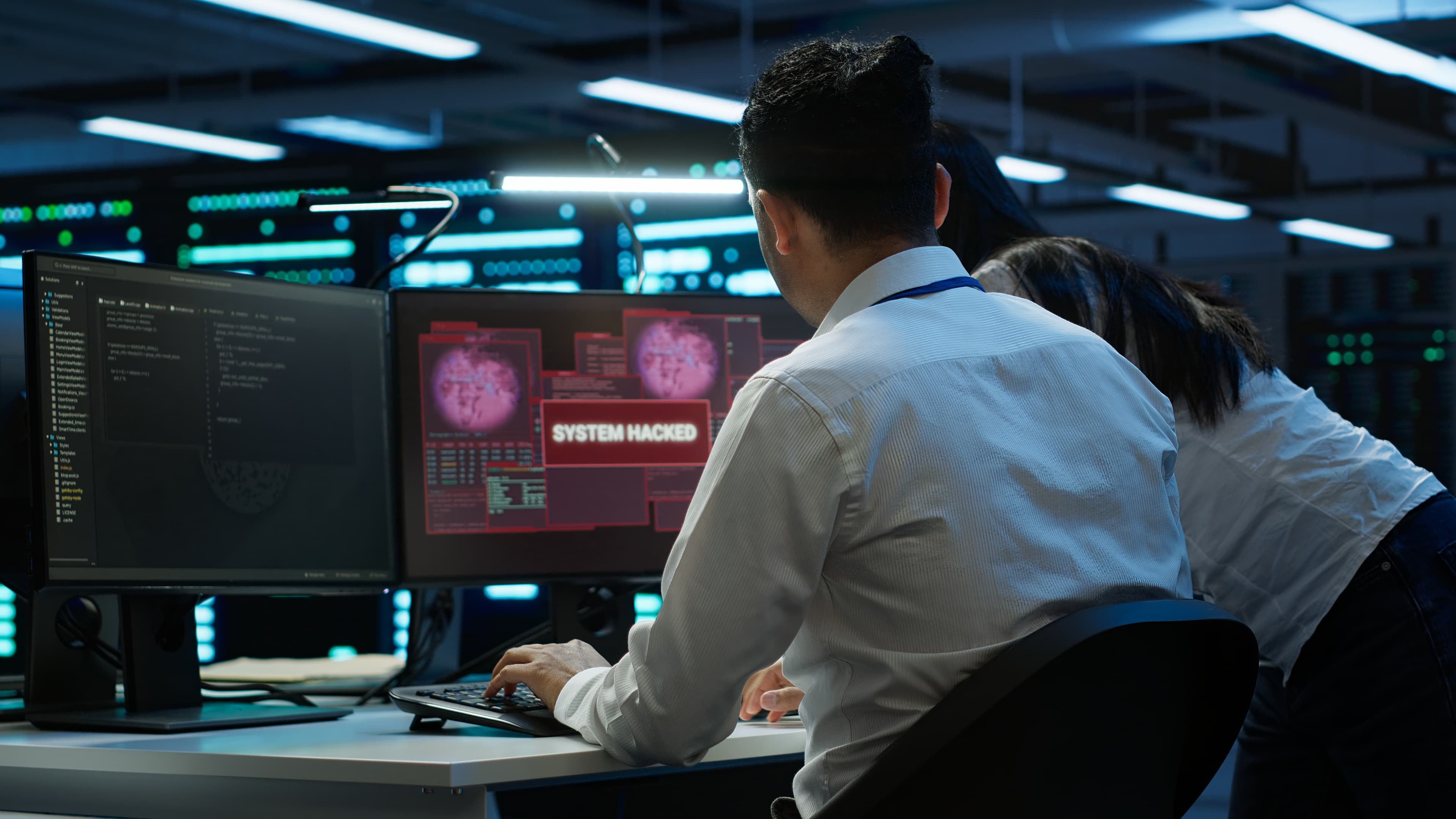 Data center cybersecurity division teamworking colleagues fighting virus.