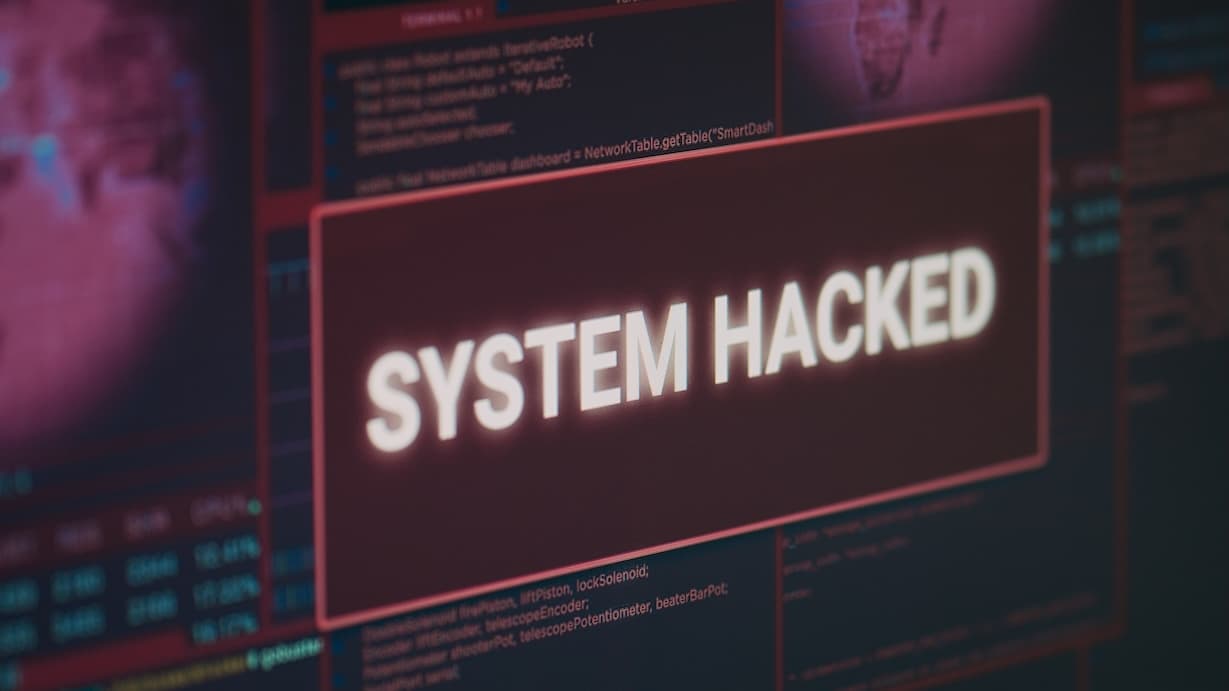 Monitor screen showing notification of system hacked.