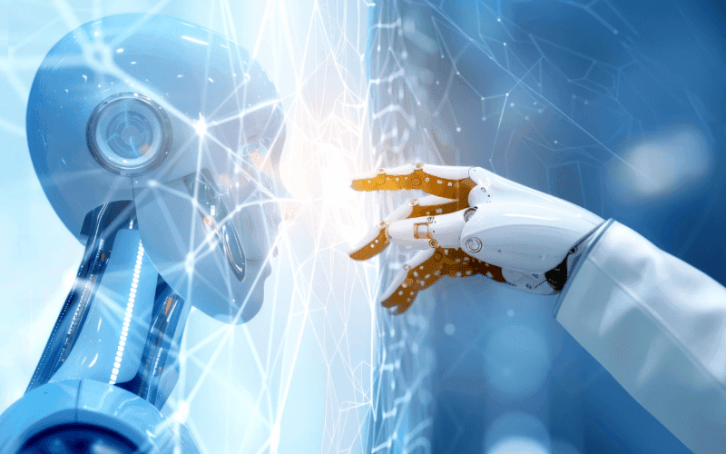 A blue robot closely faces a robotic arm, with fingers almost touching a glowing, digital interface. The scene conveys a futuristic and technological feel. A blue robot closely faces a robotic arm, with fingers almost touching a glowing, digital interface. The scene conveys a futuristic and technological feel.