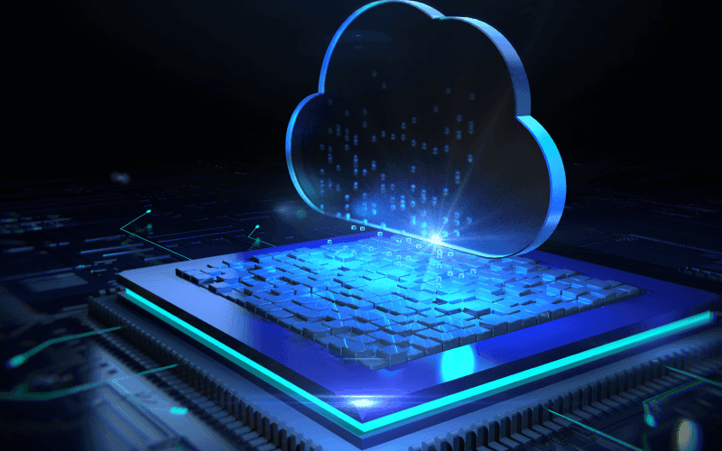 Futuristic image of a glowing blue cloud above a digital microchip, symbolizing cloud computing. The scene conveys innovation and digital connectivity. Futuristic image of a glowing blue cloud above a digital microchip, symbolizing cloud computing. The scene conveys innovation and digital connectivity.