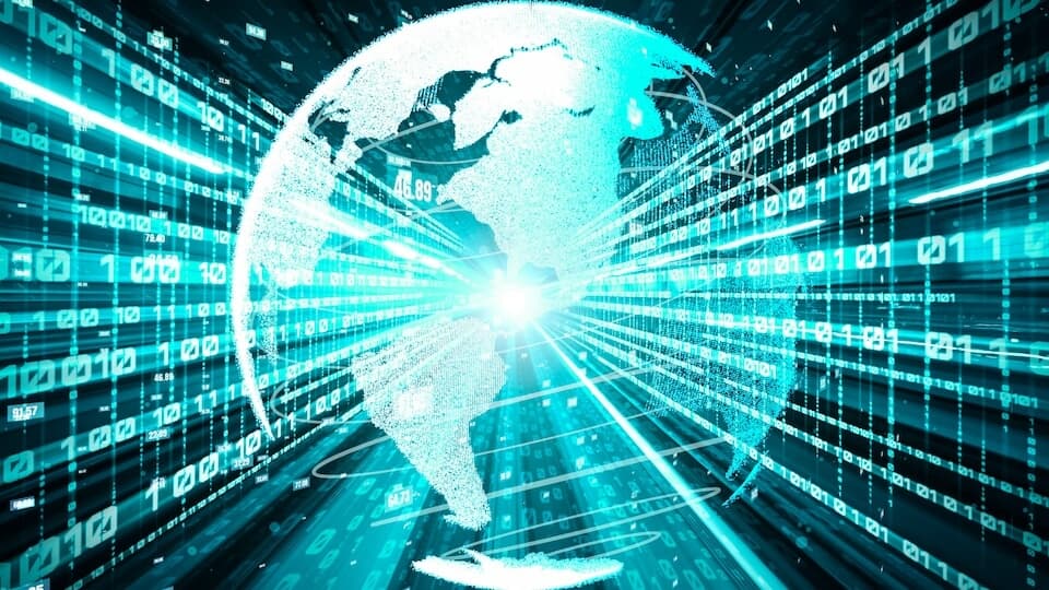 A digital map with binary code overlaid on a globe, depicting optimized content delivery through CDN servers with high-speed connections. A digital map with binary code overlaid on a globe, depicting optimized content delivery through CDN servers with high-speed connections.