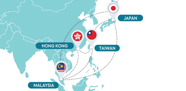 Map highlighting Asia with dotted lines connecting Japan, Taiwan, Hong Kong, and Malaysia. Each location is marked with a flag pin. Map highlighting Asia with dotted lines connecting Japan, Taiwan, Hong Kong, and Malaysia. Each location is marked with a flag pin.