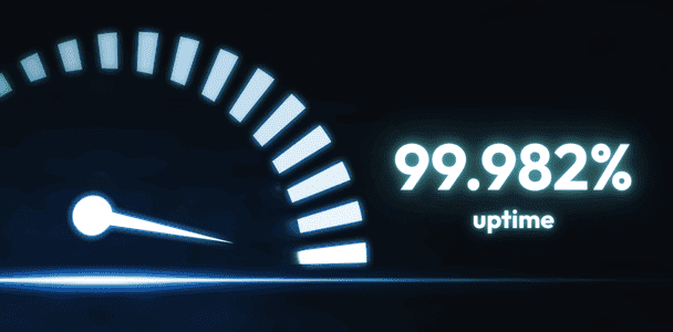 Speedometer graphic showing a high reading, accompanied by the text '99.982% uptime' in bright white. Conveys efficiency and reliability. Speedometer graphic showing a high reading, accompanied by the text '99.982% uptime' in bright white. Conveys efficiency and reliability.