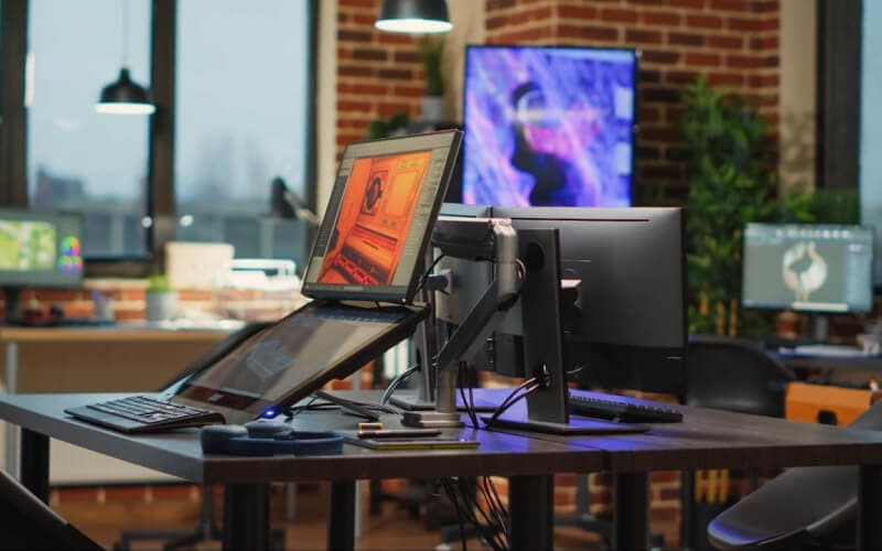 A desk setup features a computer screen displaying code, beside a black PC tower with colorful LED fans. Cables are scattered, creating a tech-focused atmosphere. A desk setup features a computer screen displaying code, beside a black PC tower with colorful LED fans. Cables are scattered, creating a tech-focused atmosphere.