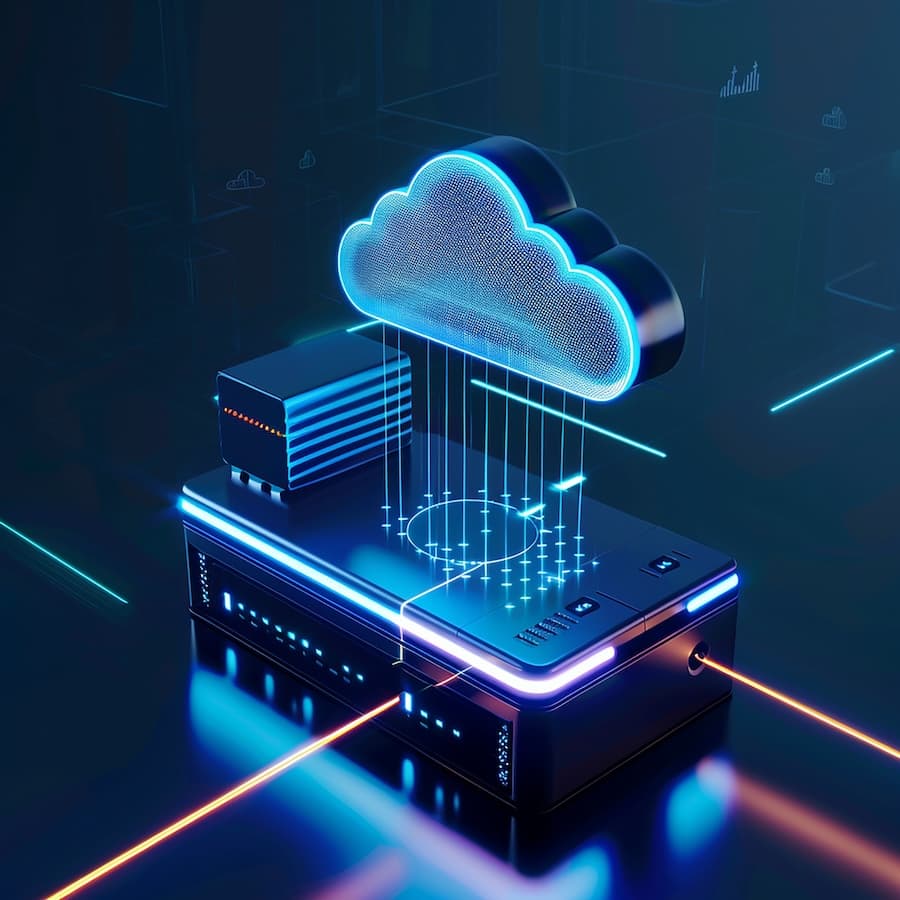 A glowing cloud icon connected to server hardware, representing managed cloud hosting services with data integration. A glowing cloud icon connected to server hardware, representing managed cloud hosting services with data integration.