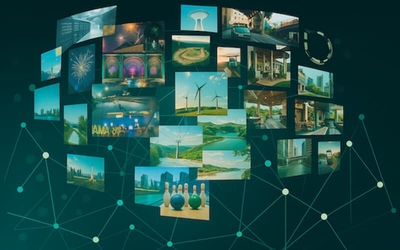 A collage of images connected by digital nodes, depicting media streaming services and automated workflows for data processing and content distribution. A collage of images connected by digital nodes, depicting media streaming services and automated workflows for data processing and content distribution.