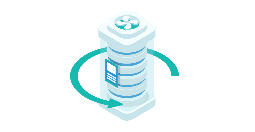 Isometric illustration of a tall, cylindrical server tower with cooling fan on top and a control panel on the side. Isometric illustration of a tall, cylindrical server tower with cooling fan on top and a control panel on the side.