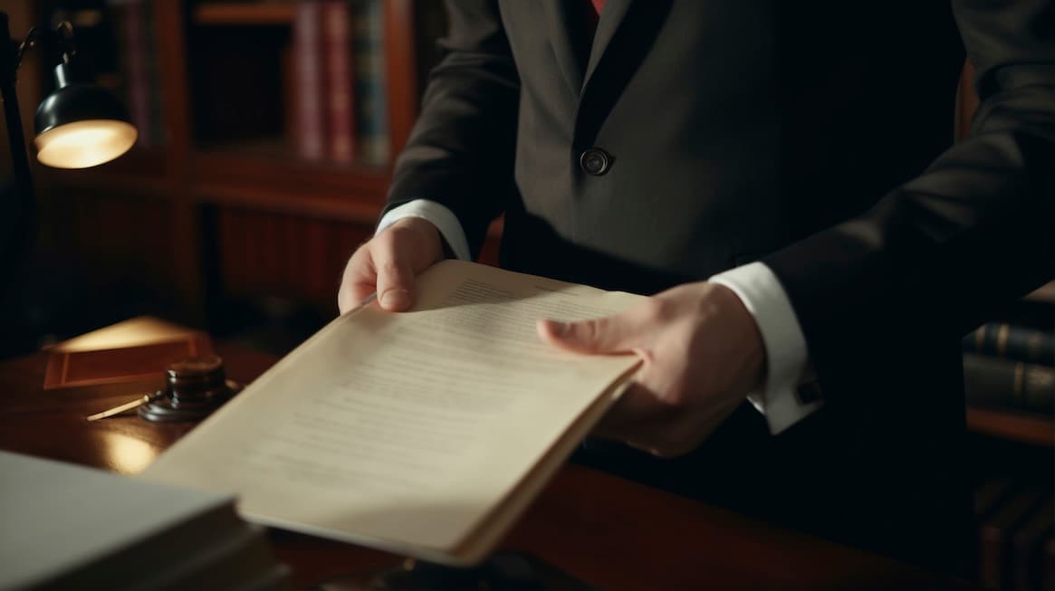 A person in a suit reads legal documents under a dim light in a library. A person in a suit reads legal documents under a dim light in a library.