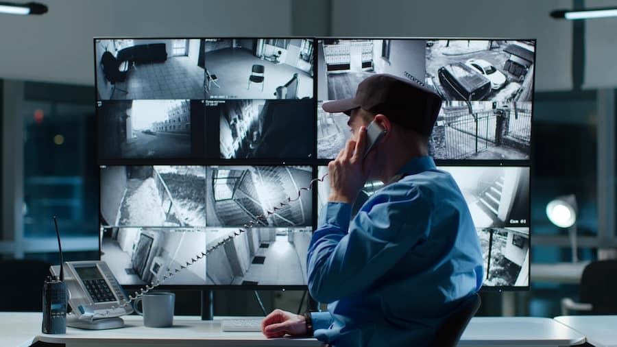 A security professional monitoring multiple surveillance screens, representing security monitoring and threat detection services. A security professional monitoring multiple surveillance screens, representing security monitoring and threat detection services.