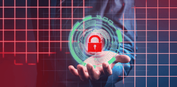 A person extends their hand with a digital red padlock hovering above, surrounded by green tech graphics, symbolizing cybersecurity and protection. A person extends their hand with a digital red padlock hovering above, surrounded by green tech graphics, symbolizing cybersecurity and protection.