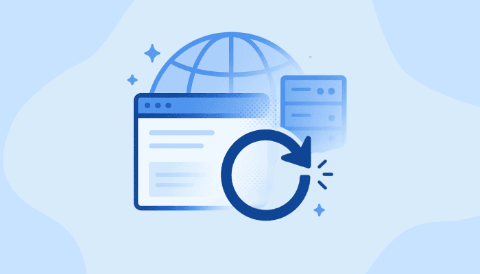 Illustration of a blue globe, webpage, and server with a refresh arrow. Stars around it convey a sense of global connectivity and renewal. Illustration of a blue globe, webpage, and server with a refresh arrow. Stars around it convey a sense of global connectivity and renewal.