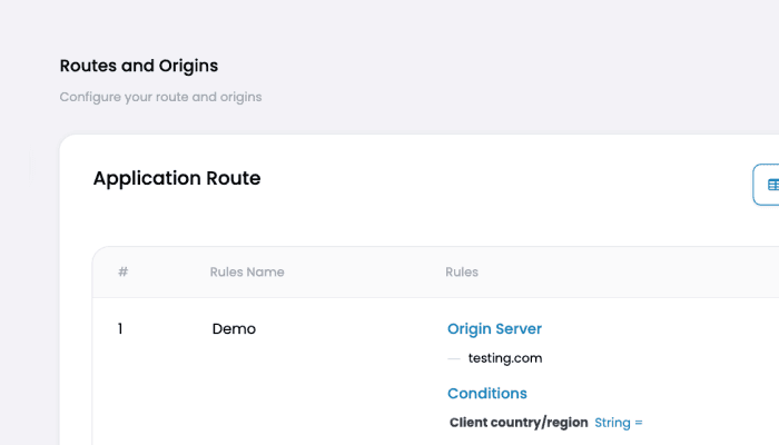 Web page section titled 'Routes and Origins' displaying an 'Application Route' table with rules. Includes a demo rule with 'Origin Server' and 'Conditions' details. Web page section titled 'Routes and Origins' displaying an 'Application Route' table with rules. Includes a demo rule with 'Origin Server' and 'Conditions' details.