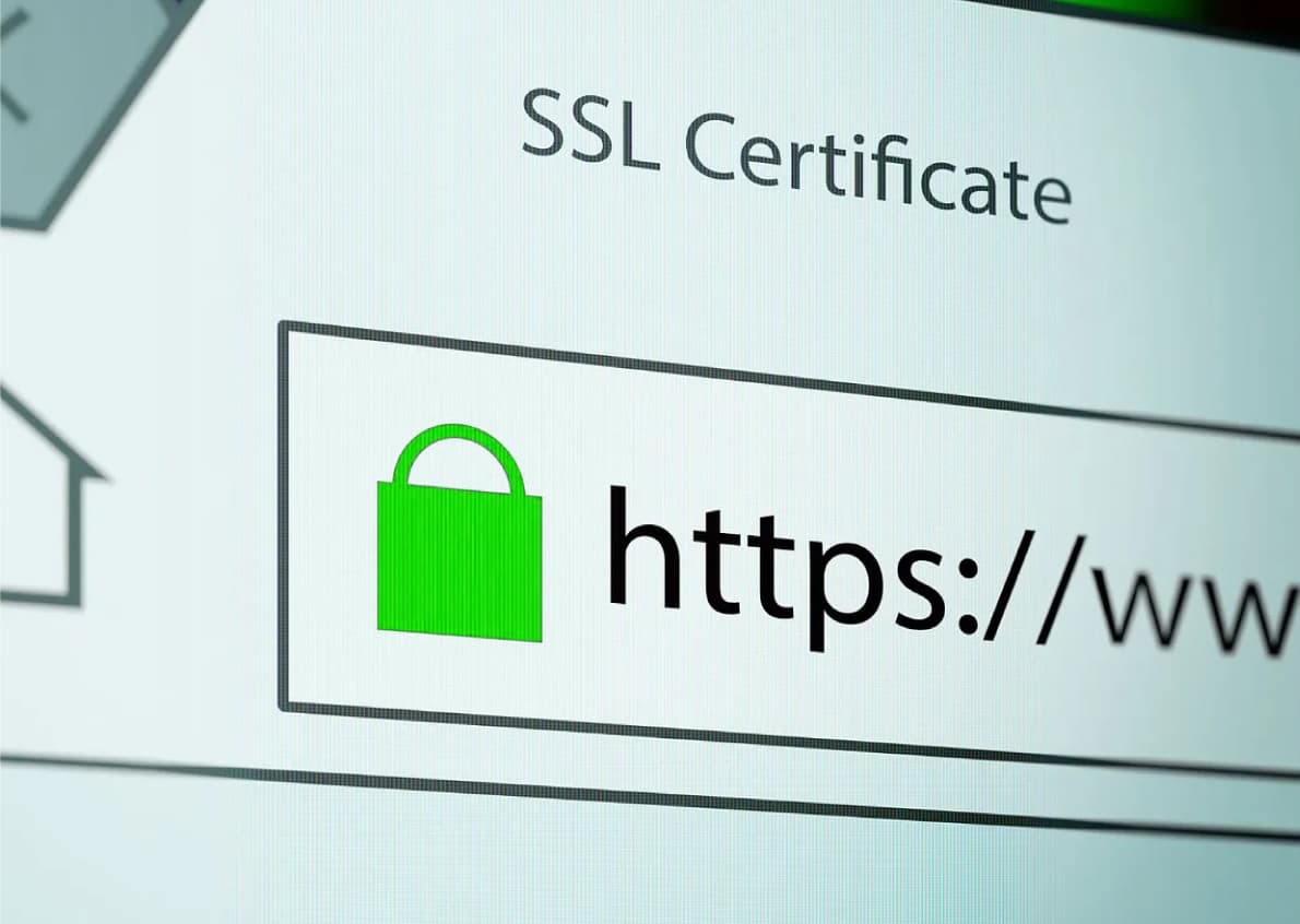 Close-up of a web address bar displaying 'SSL Certificate' text, a green padlock icon indicating a secure site connection. Close-up of a web address bar displaying 'SSL Certificate' text, a green padlock icon indicating a secure site connection.