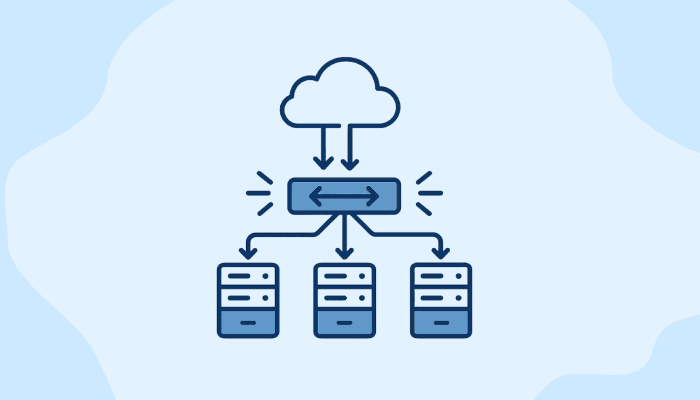 Diagram showing web load balancer. A cloud icon at the top connects to a central box, which distributes arrows to three servers below. Diagram showing web load balancer. A cloud icon at the top connects to a central box, which distributes arrows to three servers below.
